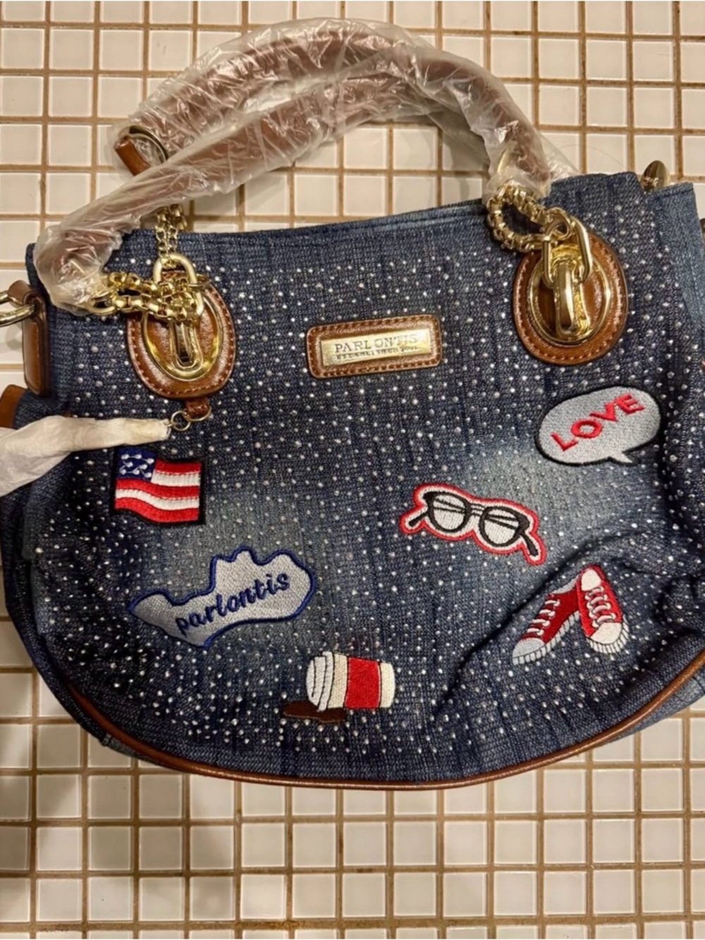 Large Parlontis Denim Bag Mixed Patches w/ Matching Coin Purse